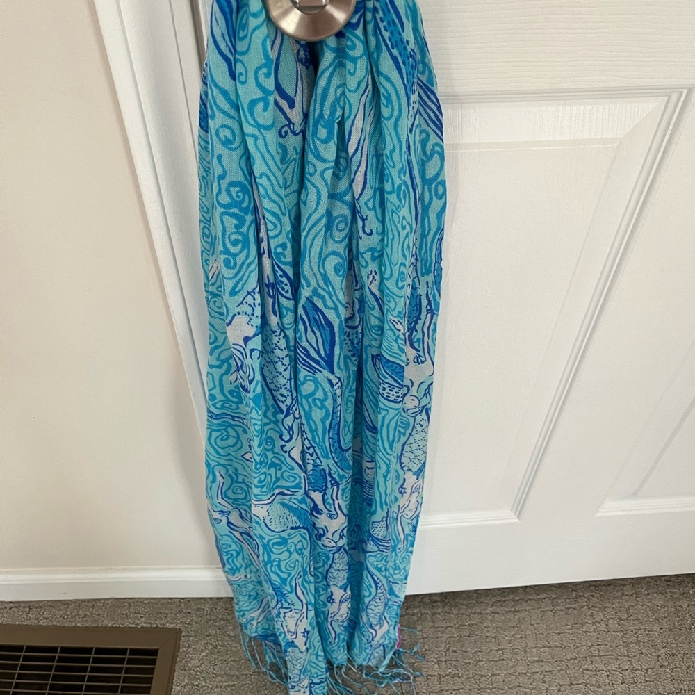 Lilly Pulitzer Blue Teal Swirl Silk-Cashmere Scarf - Picture 11 of 15